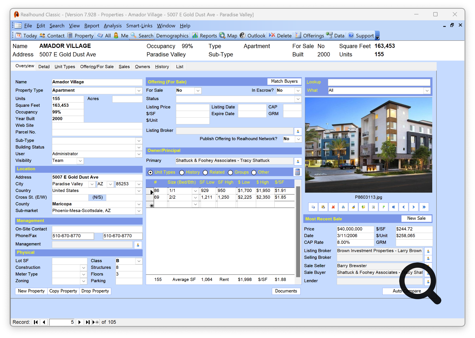 Multifamily Property Profile with Unit Mix, Sales and Owners