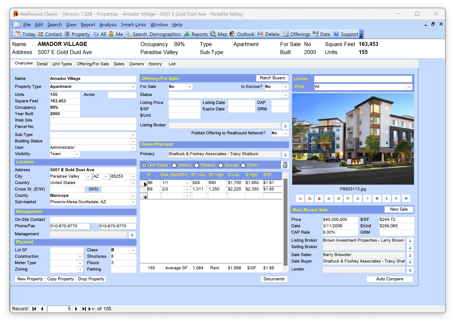 Multifamily Property Profile with Unit Mix, Sales and Owners