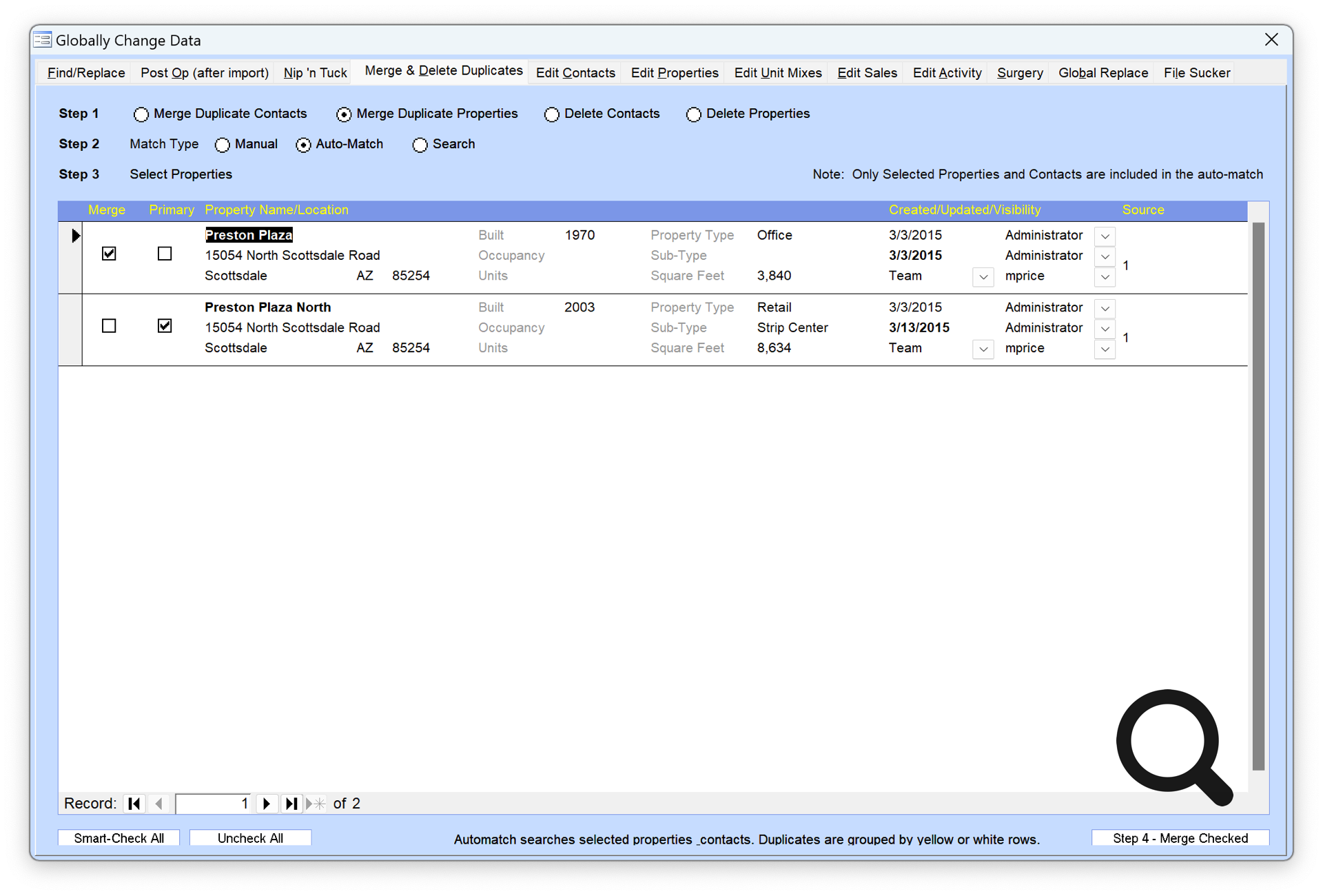 Globally Find Merge Duplicate Properties Contacts